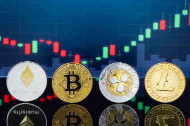 Bitcoin ve kavram - yatırım cryptocurrency fiziksel metal Bitcoin paralar ile küresel ticaret Döviz piyasa fiyatı grafiği içinde belgili tanımlık geçmiş.