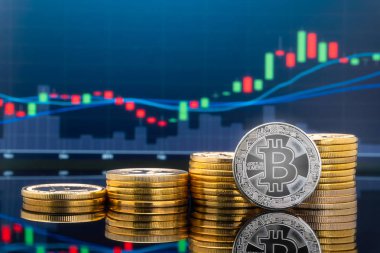 Bitcoin ve kavram - yatırım cryptocurrency fiziksel metal Bitcoin paralar ile küresel ticaret Döviz piyasa fiyatı grafiği içinde belgili tanımlık geçmiş.