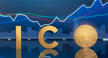(ICO) sunan ilk madeni para ve dijital belirteci kavramı - yatırım fiziksel metal dijital paralar ile arka planda mavi küresel ticaret Döviz piyasa fiyatı grafiği.