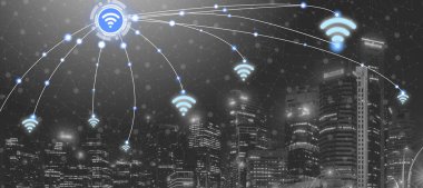 Akıllı şehir kablosuz iletişim ağı Internet şeyler (çok) ve bilgi iletişim teknolojisi (ICT) modern şehir binaları içinde belgili tanımlık geçmiş karşı grafik gösteren kavramı ile.