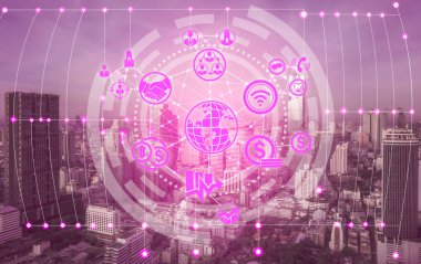 Akıllı şehir kablosuz iletişim ağı Internet şeyler (çok) ve bilgi iletişim teknolojisi (ICT) modern şehir binaları içinde belgili tanımlık geçmiş karşı grafik gösteren kavramı ile.