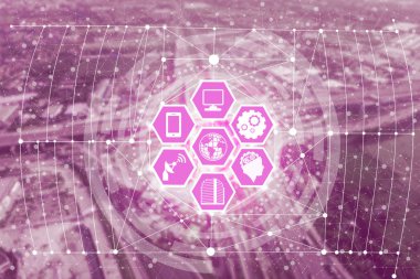 Akıllı şehir kablosuz iletişim ağı Internet şeyler (çok) ve bilgi iletişim teknolojisi (ICT) modern şehir binaları içinde belgili tanımlık geçmiş karşı grafik gösteren kavramı ile.