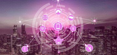 Akıllı şehir kablosuz iletişim ağı Internet şeyler (çok) ve bilgi iletişim teknolojisi (ICT) modern şehir binaları içinde belgili tanımlık geçmiş karşı grafik gösteren kavramı ile.