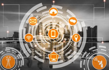 Akıllı şehir kablosuz iletişim ağı Internet şeyler (çok) ve bilgi iletişim teknolojisi (ICT) modern şehir binaları içinde belgili tanımlık geçmiş karşı grafik gösteren kavramı ile.