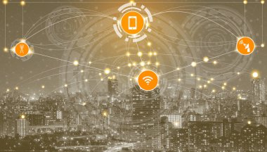 Akıllı şehir kablosuz iletişim ağı Internet şeyler (çok) ve bilgi iletişim teknolojisi (ICT) modern şehir binaları içinde belgili tanımlık geçmiş karşı grafik gösteren kavramı ile.