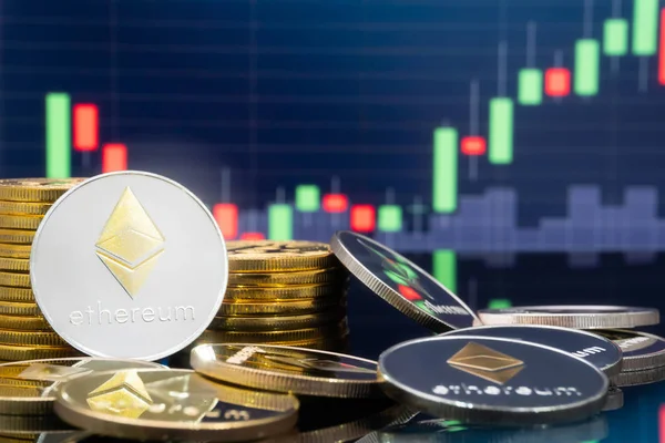 Ethereum Eth Cryptocurrency Investing Concept Physical Metal Ethereum Coins Global — Stock Photo, Image