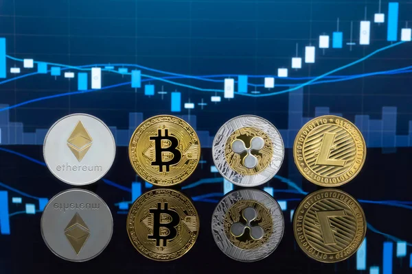 Bitcoin Cryptocurrency Fogalom Befektetés Globális Kereskedelmi Exchange Piaci Chart Háttérben — Stock Fotó