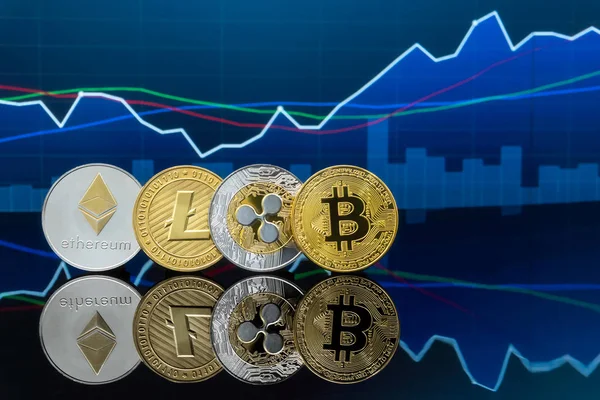 Bitcoin Cryptocurrency Fogalom Befektetés Globális Kereskedelmi Exchange Piaci Chart Háttérben — Stock Fotó