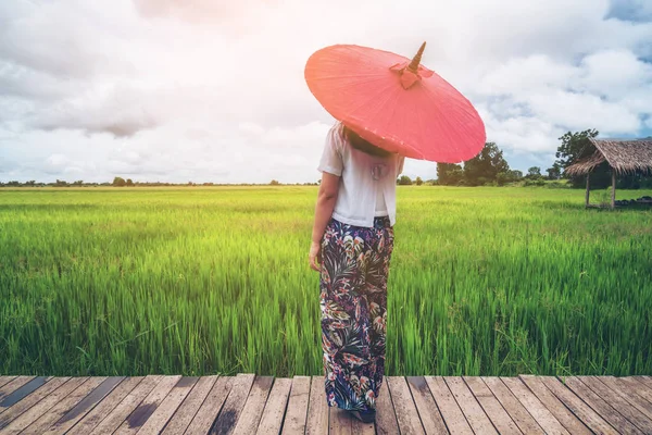 Woman Traveller Hiking Asian Rice Field Landscape Backpacking Vacation Spring — Stock Photo, Image