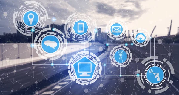 Akıllı şehir kablosuz iletişim ağı Internet şeyler (çok) ve bilgi iletişim teknolojisi (ICT) modern şehir binaları içinde belgili tanımlık geçmiş karşı grafik gösteren kavramı ile.