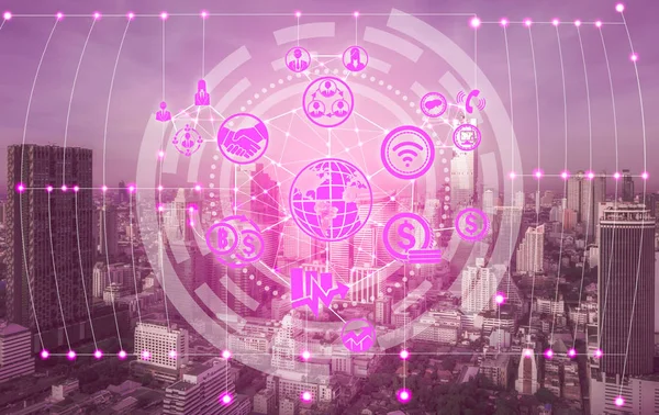 Akıllı şehir kablosuz iletişim ağı Internet şeyler (çok) ve bilgi iletişim teknolojisi (ICT) modern şehir binaları içinde belgili tanımlık geçmiş karşı grafik gösteren kavramı ile.