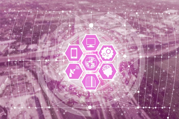 Akıllı şehir kablosuz iletişim ağı Internet şeyler (çok) ve bilgi iletişim teknolojisi (ICT) modern şehir binaları içinde belgili tanımlık geçmiş karşı grafik gösteren kavramı ile.