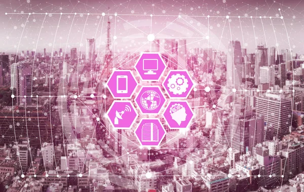 Akıllı şehir kablosuz iletişim ağı Internet şeyler (çok) ve bilgi iletişim teknolojisi (ICT) modern şehir binaları içinde belgili tanımlık geçmiş karşı grafik gösteren kavramı ile.