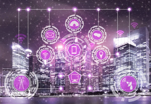 Akıllı şehir kablosuz iletişim ağı Internet şeyler (çok) ve bilgi iletişim teknolojisi (ICT) modern şehir binaları içinde belgili tanımlık geçmiş karşı grafik gösteren kavramı ile.