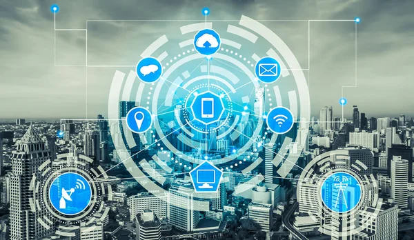 Red Comunicaciones Inalámbricas Ciudades Inteligentes Con Concepto Gráfico Internet Las —  Fotos de Stock