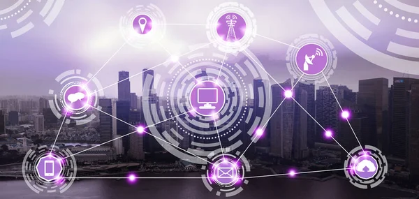 Akıllı şehir kablosuz iletişim ağı Internet şeyler (çok) ve bilgi iletişim teknolojisi (ICT) modern şehir binaları içinde belgili tanımlık geçmiş karşı grafik gösteren kavramı ile.