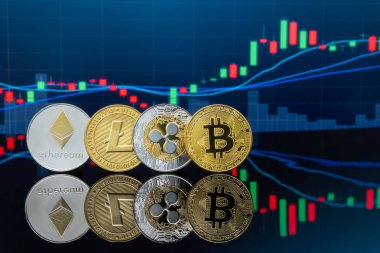 Bitcoin ve kavram - yatırım cryptocurrency fiziksel metal Bitcoin paralar ile küresel ticaret Döviz piyasa fiyatı grafiği içinde belgili tanımlık geçmiş.