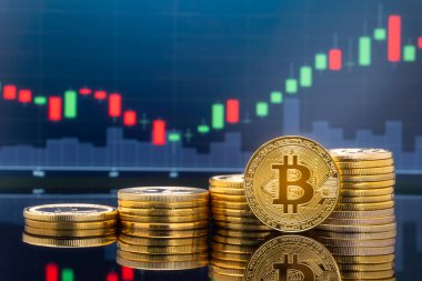 Bitcoin ve kavram - yatırım cryptocurrency fiziksel metal Bitcoin paralar ile küresel ticaret Döviz piyasa fiyatı grafiği içinde belgili tanımlık geçmiş.