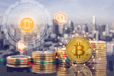 Piyasa ticaret fiyat tablosu Bitcoin Btc ve kavram - fiziksel Bitcoin paralar şehir arka plan ve exchange ile yatırım cryptocurrency. Blockchain ve finans teknolojileri.