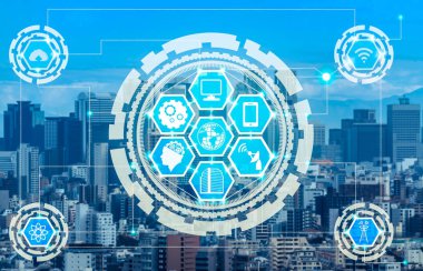 Akıllı şehir kablosuz iletişim ağı Internet şeyler (çok) ve bilgi iletişim teknolojisi (ICT) modern şehir binaları içinde belgili tanımlık geçmiş karşı grafik gösteren kavramı ile.