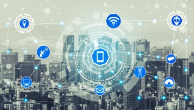 Akıllı şehir kablosuz iletişim ağı Internet şeyler (çok) ve bilgi iletişim teknolojisi (ICT) modern şehir binaları içinde belgili tanımlık geçmiş karşı grafik gösteren kavramı ile.
