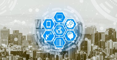 Akıllı şehir kablosuz iletişim ağı Internet şeyler (çok) ve bilgi iletişim teknolojisi (ICT) modern şehir binaları içinde belgili tanımlık geçmiş karşı grafik gösteren kavramı ile.