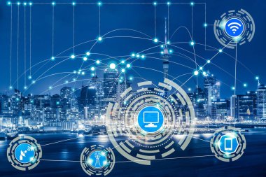 Akıllı şehir kablosuz iletişim ağı Internet şeyler (çok) ve bilgi iletişim teknolojisi (ICT) modern şehir binaları içinde belgili tanımlık geçmiş karşı grafik gösteren kavramı ile.