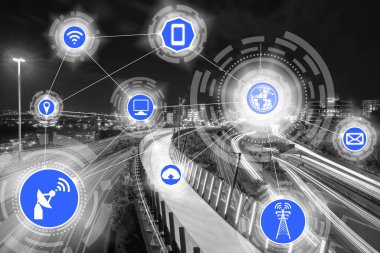 Akıllı şehir kablosuz iletişim ağı Internet şeyler (çok) ve bilgi iletişim teknolojisi (ICT) modern şehir binaları içinde belgili tanımlık geçmiş karşı grafik gösteren kavramı ile.