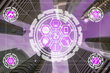 Akıllı şehir kablosuz iletişim ağı Internet şeyler (çok) ve bilgi iletişim teknolojisi (ICT) modern şehir binaları içinde belgili tanımlık geçmiş karşı grafik gösteren kavramı ile.