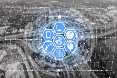 Akıllı şehir kablosuz iletişim ağı Internet şeyler (çok) ve bilgi iletişim teknolojisi (ICT) modern şehir binaları içinde belgili tanımlık geçmiş karşı grafik gösteren kavramı ile.