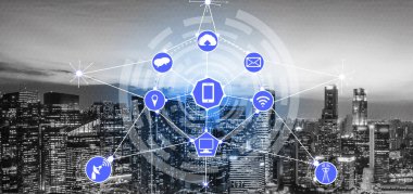 Akıllı şehir kablosuz iletişim ağı Internet şeyler (çok) ve bilgi iletişim teknolojisi (ICT) modern şehir binaları içinde belgili tanımlık geçmiş karşı grafik gösteren kavramı ile.