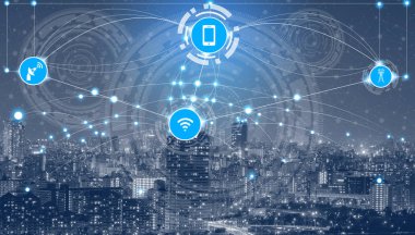 Akıllı şehir kablosuz iletişim ağı Internet şeyler (çok) ve bilgi iletişim teknolojisi (ICT) modern şehir binaları içinde belgili tanımlık geçmiş karşı grafik gösteren kavramı ile.