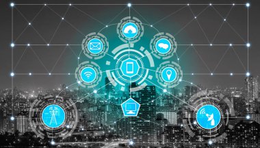 Akıllı şehir kablosuz iletişim ağı Internet şeyler (çok) ve bilgi iletişim teknolojisi (ICT) modern şehir binaları içinde belgili tanımlık geçmiş karşı grafik gösteren kavramı ile.