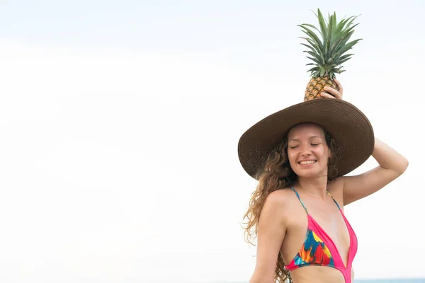 Happy Young Woman Wearing Swimsuit Tropical Sand Beach Summer Holiday — Stock Photo, Image