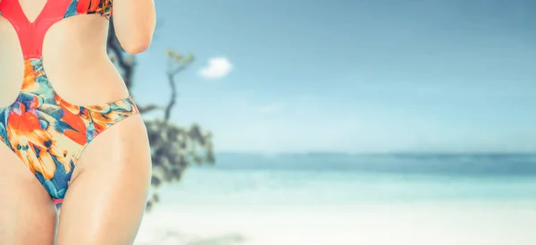 Happy Young Woman Wearing Swimsuit Tropical Sand Beach Resort Summer — Stock Photo, Image