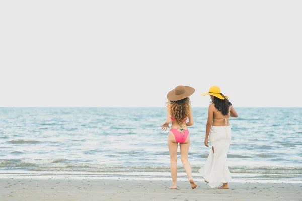 Happy Women Bikinis Sunbathing Together Tropical Sand Beach Summer Vacation — Stock Photo, Image