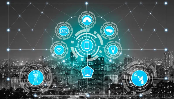 Akıllı şehir kablosuz iletişim ağı Internet şeyler (çok) ve bilgi iletişim teknolojisi (ICT) modern şehir binaları içinde belgili tanımlık geçmiş karşı grafik gösteren kavramı ile.