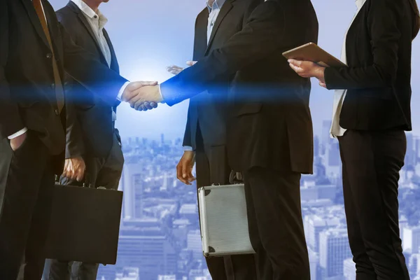 Dvojitá Expozice Firmy Lidé Handshake Dohody Panorama Pozadí Výkonný Obchodní — Stock fotografie