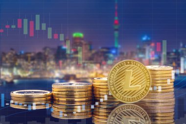 Piyasa ticaret fiyat tablosu Litecoin Ltc ve kavram - fiziksel Litecoin paralar şehir arka plan ve exchange ile yatırım cryptocurrency. Blockchain ve finans teknolojileri.