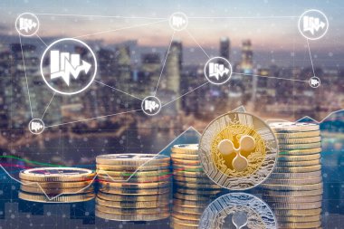 XRP ve kavram - yatırım cryptocurrency fiziksel dalgalanma paralar ile şehir arka plan ve döviz piyasası fiyat tablosu ticaret dalgalanma. Blockchain ve finans teknolojileri.