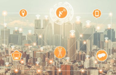 Akıllı şehir kablosuz iletişim ağı Internet şeyler (çok) ve bilgi iletişim teknolojisi (ICT) modern şehir binaları içinde belgili tanımlık geçmiş karşı grafik gösteren kavramı ile.