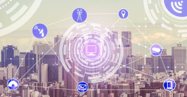 Akıllı şehir kablosuz iletişim ağı Internet şeyler (çok) ve bilgi iletişim teknolojisi (ICT) modern şehir binaları içinde belgili tanımlık geçmiş karşı grafik gösteren kavramı ile.