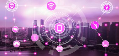 Akıllı şehir kablosuz iletişim ağı Internet şeyler (çok) ve bilgi iletişim teknolojisi (ICT) modern şehir binaları içinde belgili tanımlık geçmiş karşı grafik gösteren kavramı ile.