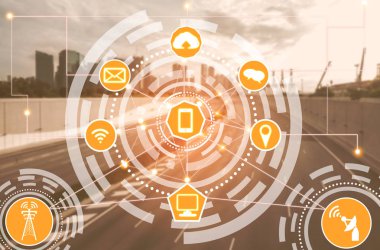 Akıllı şehir kablosuz iletişim ağı Internet şeyler (çok) ve bilgi iletişim teknolojisi (ICT) modern şehir binaları içinde belgili tanımlık geçmiş karşı grafik gösteren kavramı ile.