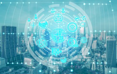 Akıllı şehir kablosuz iletişim ağı Internet şeyler (çok) ve bilgi iletişim teknolojisi (ICT) modern şehir binaları içinde belgili tanımlık geçmiş karşı grafik gösteren kavramı ile.