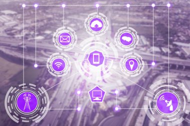 Akıllı şehir kablosuz iletişim ağı Internet şeyler (çok) ve bilgi iletişim teknolojisi (ICT) modern şehir binaları içinde belgili tanımlık geçmiş karşı grafik gösteren kavramı ile.