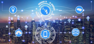 Akıllı şehir kablosuz iletişim ağı Internet şeyler (çok) ve bilgi iletişim teknolojisi (ICT) modern şehir binaları içinde belgili tanımlık geçmiş karşı grafik gösteren kavramı ile.