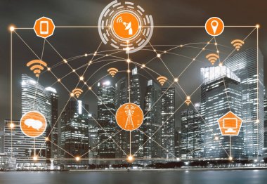Akıllı şehir kablosuz iletişim ağı Internet şeyler (çok) ve bilgi iletişim teknolojisi (ICT) modern şehir binaları içinde belgili tanımlık geçmiş karşı grafik gösteren kavramı ile.