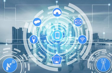 Akıllı şehir kablosuz iletişim ağı Internet şeyler (çok) ve bilgi iletişim teknolojisi (ICT) modern şehir binaları içinde belgili tanımlık geçmiş karşı grafik gösteren kavramı ile.