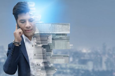 Double exposure image of businessman using mobile phone with modern business buildings and cityscape in the background. Digital innovation and technology disruption concept. clipart